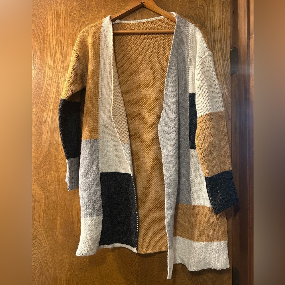 Open-Front Colorblock Cardigan Sweater - Mustard, Gray & Black